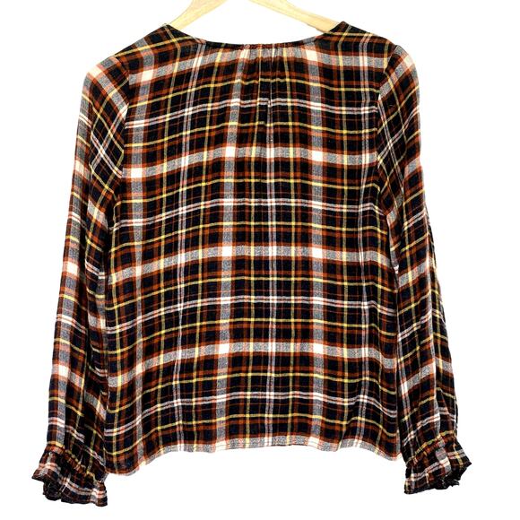 Madewell Plaid Flannel Ruffle Cuff Top Womens M Rust V-Neck Cozy Fall Feminine - Picture 2 of 12